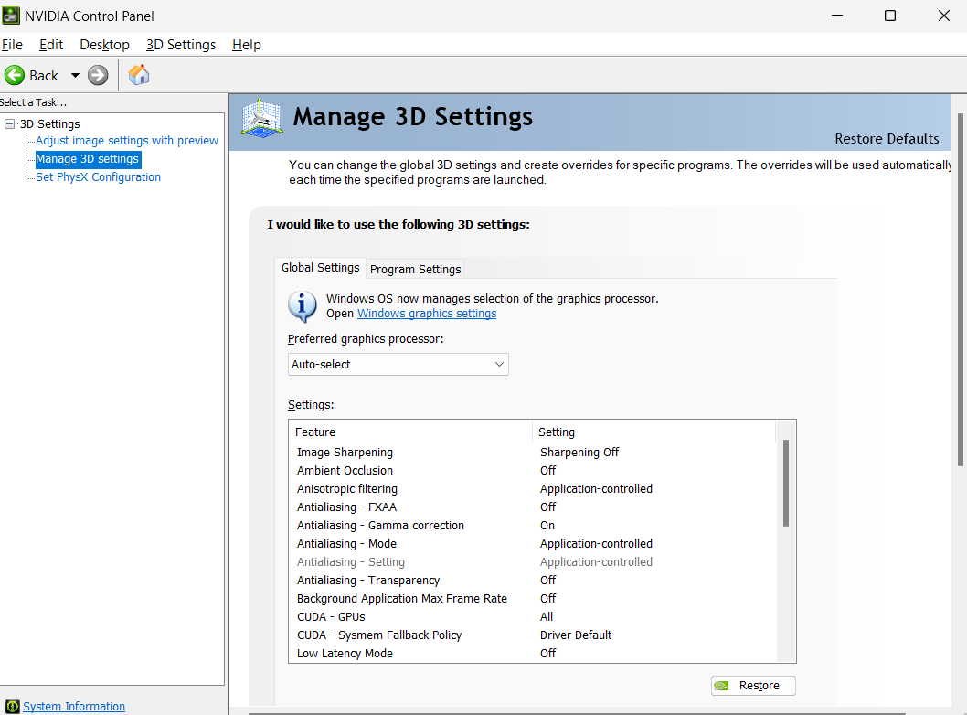 3D Settings menu