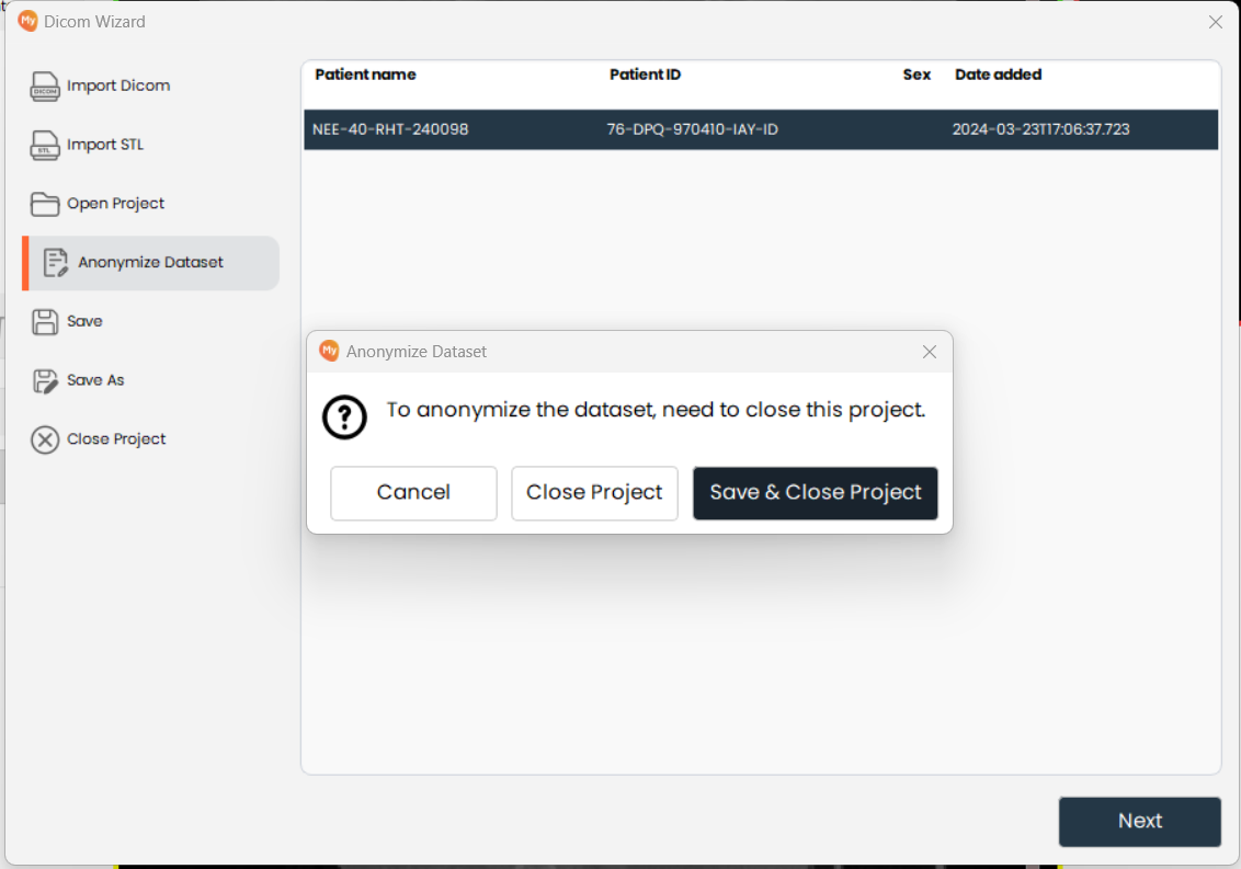 Close Project for Anonymization